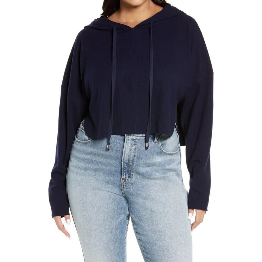 BP Sweater Sweatshirt Long Sleeve Hood Pullover Rib Lounge Crop Top Navy Size S